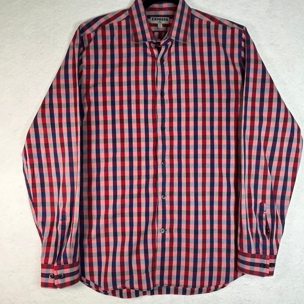 Express Fitted Gingham Button Down Shirt Red Blue… - image 2